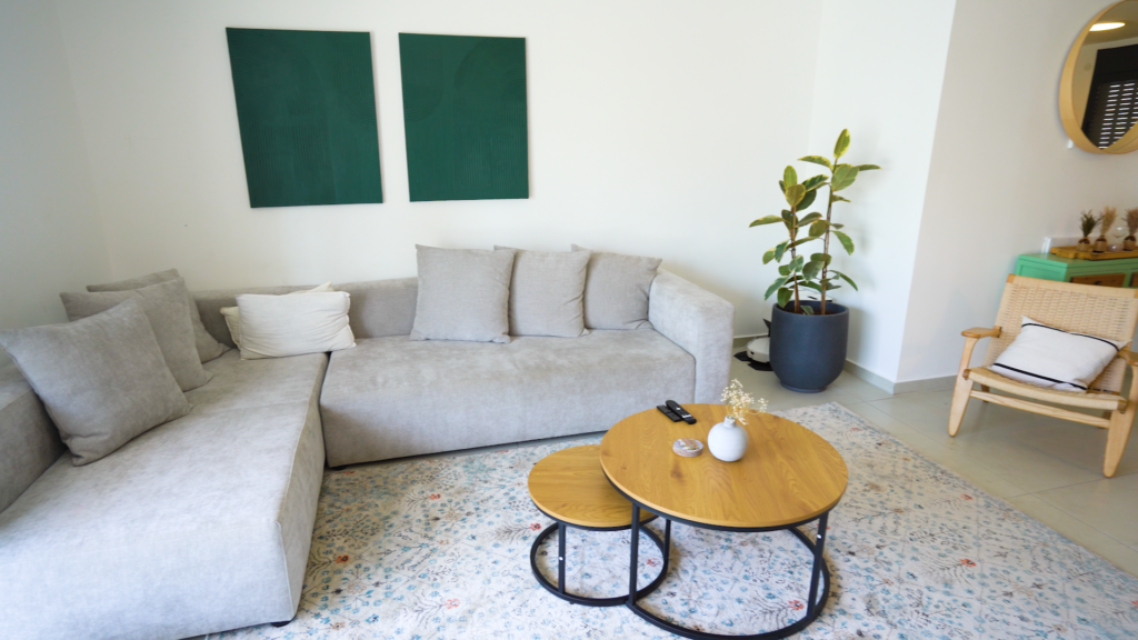 A newly decorated living room in the temporary housing in Kiryat Gat.